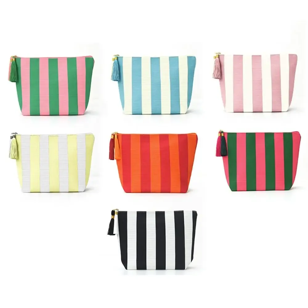 Sac de maquillage portable en velours côtelé, grande capacité, motif rayé, trousse de toilette, sac de rangement, pour voyage