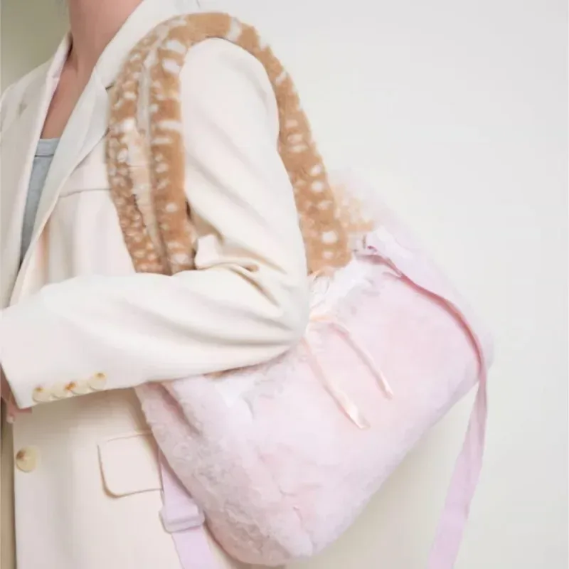 sac fourre-tout en peluche doux et mignon pour femmes, style ballet, dentelle, couleur contrastée, grande capacité, sacs à bandoulière, sacs à main polyvalents harajuku pour femmes