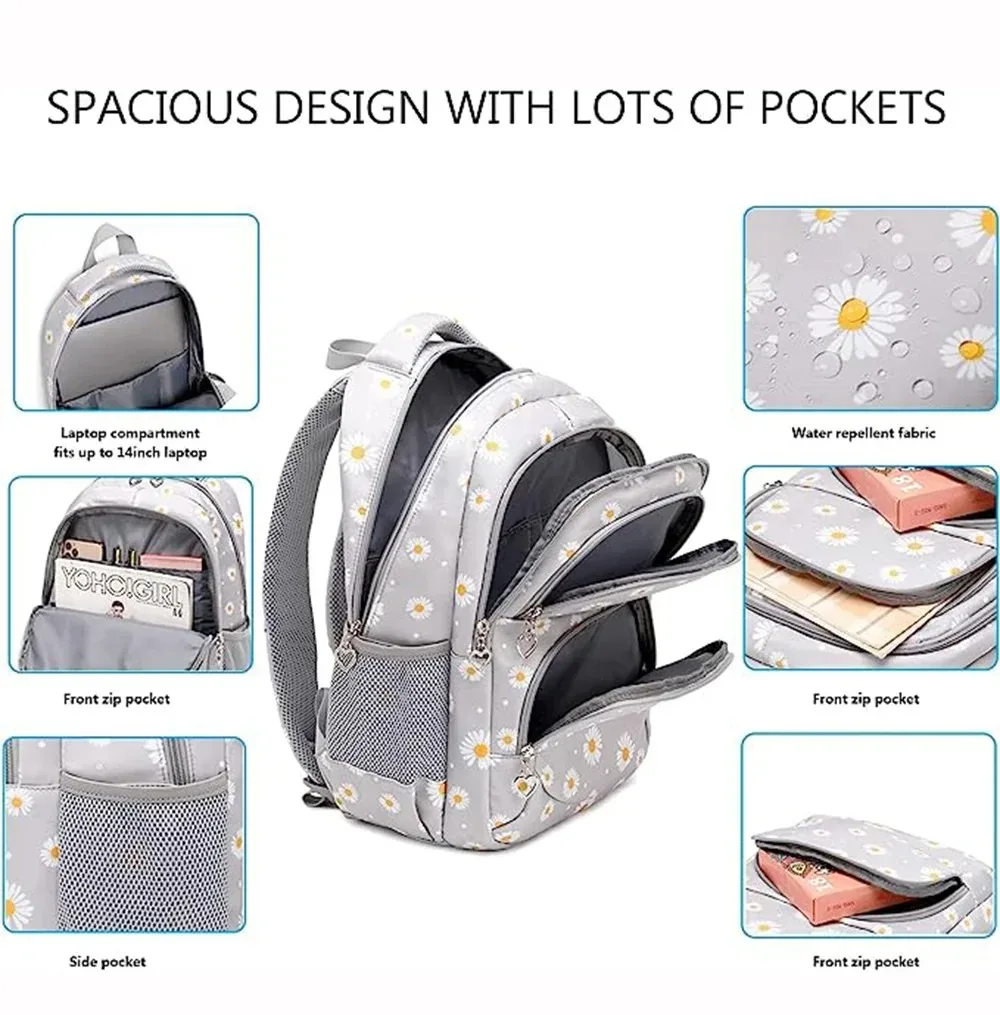 sac à dos d'école à motif marguerite, trousse à crayons, sac à main, ensemble de trois pièces, tissu en nylon imperméable, sac à dos tendance pour garçons, filles et adolescents