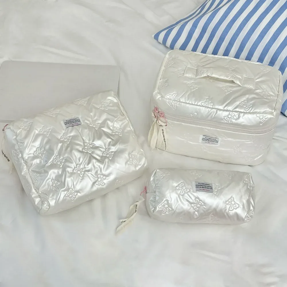 sac à cosmétiques élégant en pu avec décoration en nœud, compartiment de rangement, trousse de maquillage multifonction, trousse de toilette pour femmes
