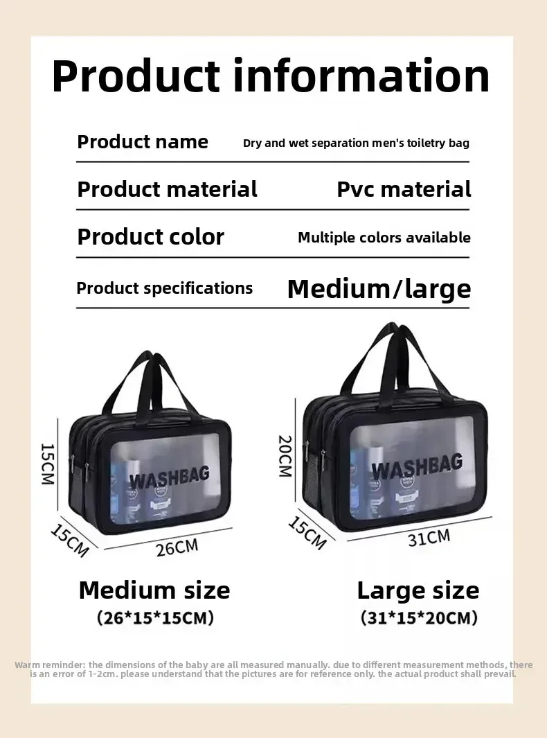 sac de toilette transparent grande capacité à double compartiment sec/humide, en pu givré, portable pour voyage, sac de rangement de bain gf32