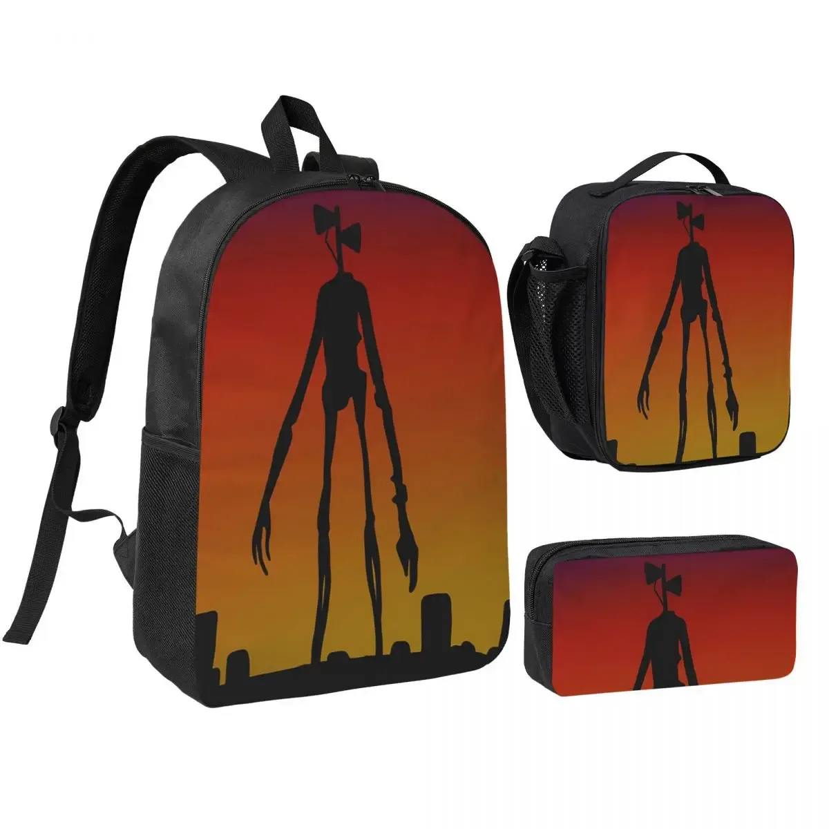 Sac à dos Cartoon Horror Creepypasta Siren Head, sac d'école, sac à bandoulière pour ordinateur portable, sacs à bandoulière, 3 pièces, sac à déjeuner isotherme, trousse à crayons