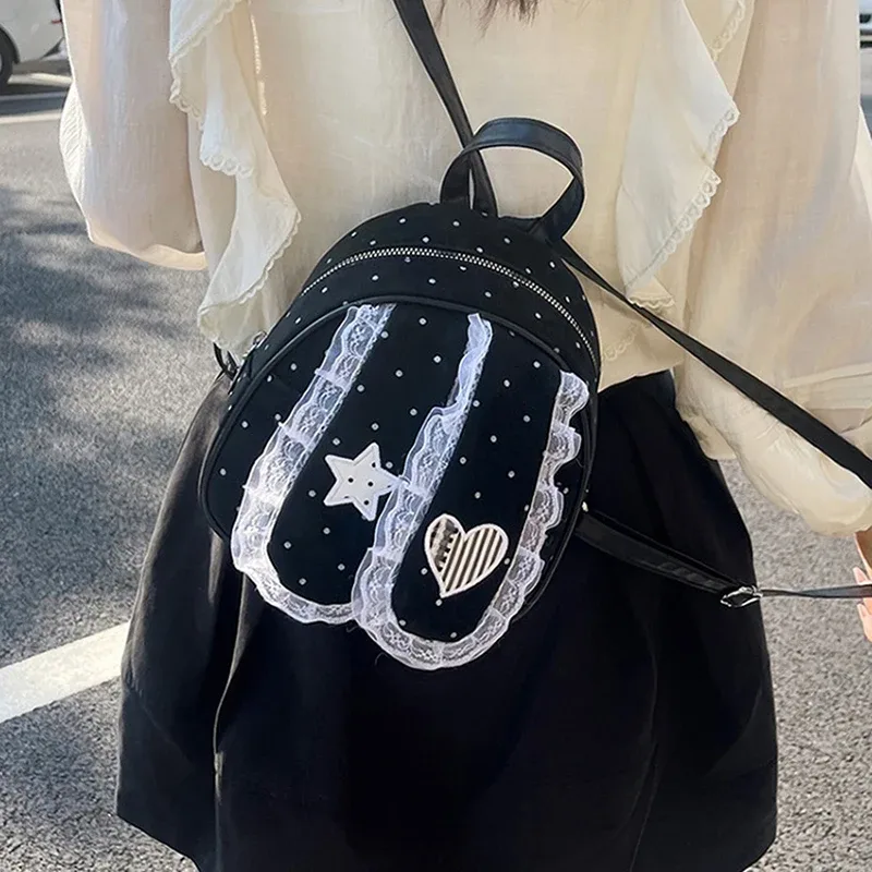 sac à dos à pois avec oreilles de lapin pour femmes, sac à bandoulière léger, sac à main en dentelle, sac fourre-tout mignon pour l'école et les voyages