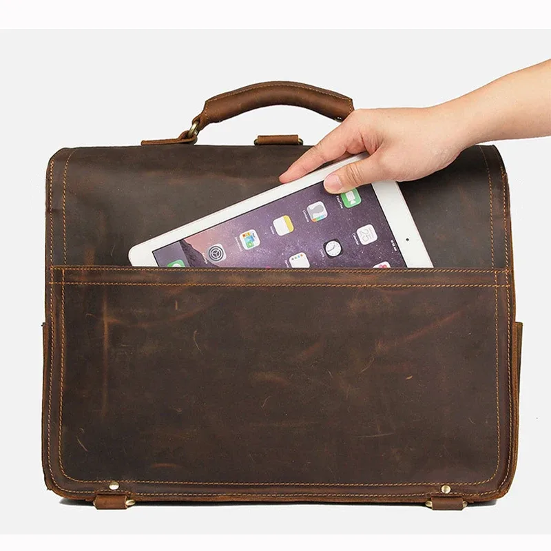 sac à main vintage en cuir véritable crazy horse pour homme, grand sac d'affaires, sac de bureau, sacoche pour ordinateur portable 15,6 pouces, sacoche d'épaule pour homme.