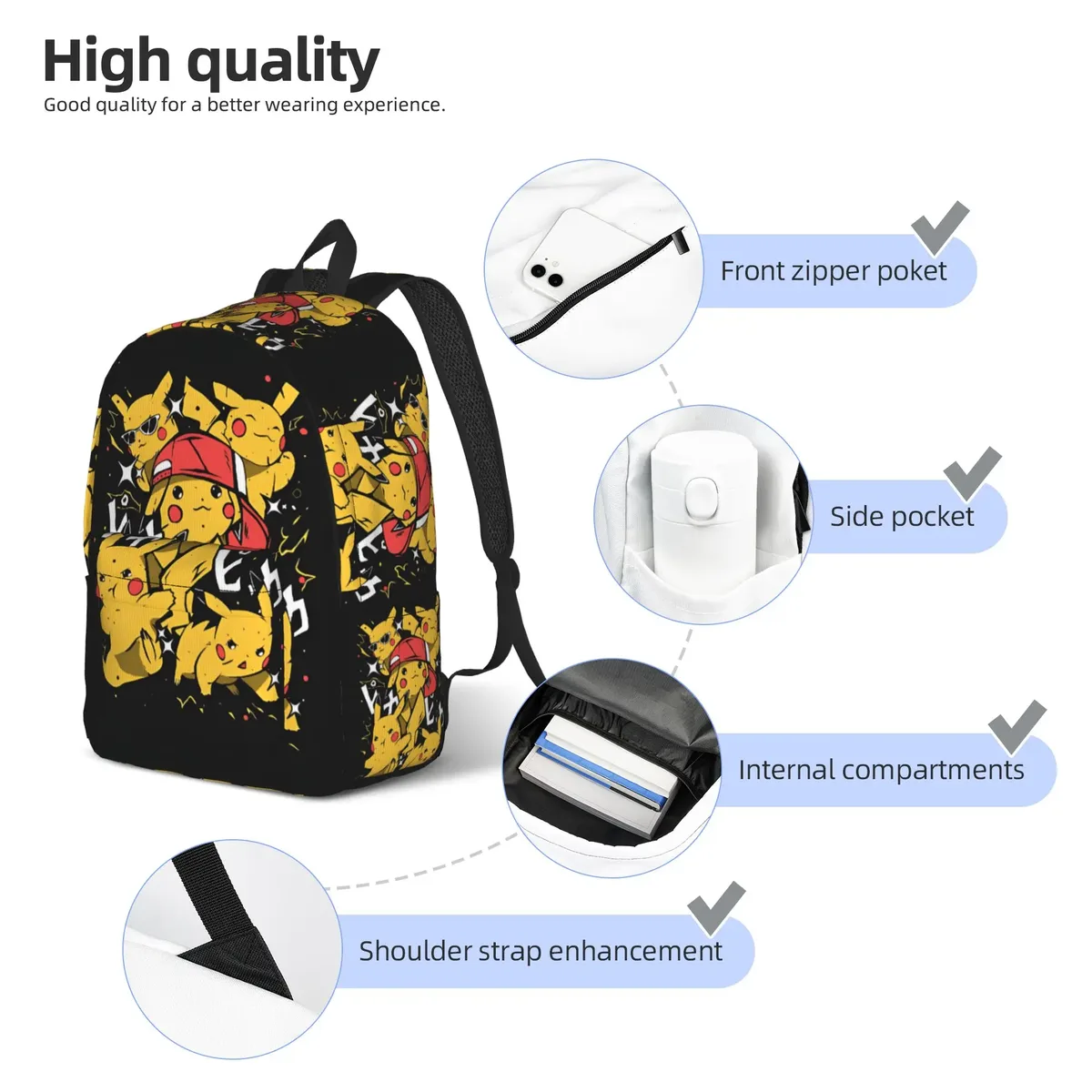 sac à dos pokemon pikachu à la mode, mochilas, sac à dos à bandoulière robuste de haute qualité pour lycée