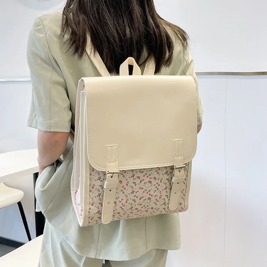 Sac à dos à rabat en cuir PU pour femmes et filles, sac d'école à fleurs, sac de voyage d'université, sac à bandoulière pour usage quotidien