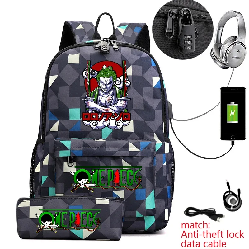 sac à dos d'école imprimé one piece zoro, antivol, pour enfants et adolescents, avec trousse à crayons