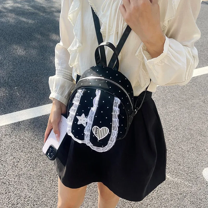 sac à dos à pois avec oreilles de lapin pour femmes, sac à bandoulière léger, sac à main en dentelle, sac fourre-tout mignon pour l'école et les voyages