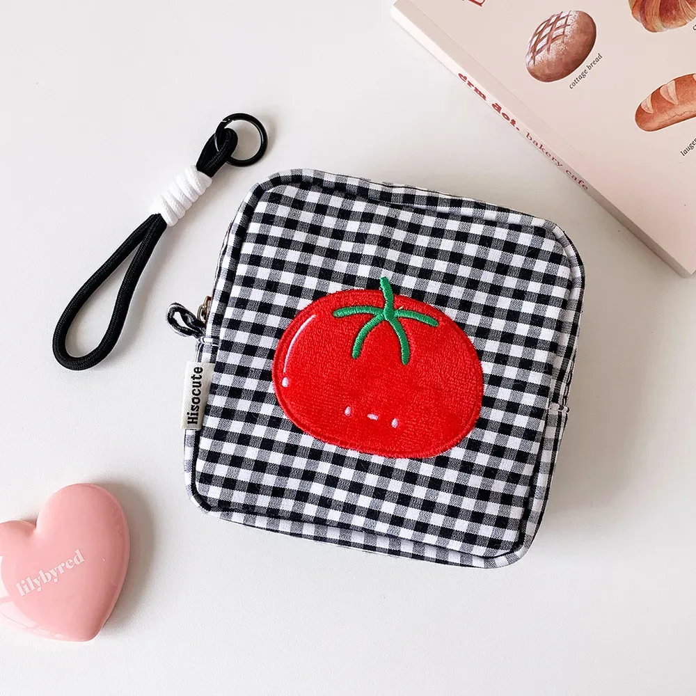 sac de rangement portable pour serviettes hygiéniques à motif quadrillé tomate pour femme, trousse de maquillage avec fermeture éclair, porte-tampons pour sac à main