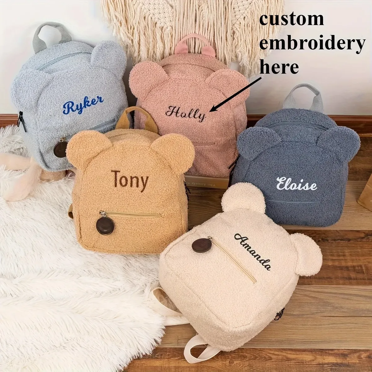 Sac à dos en peluche ours mignon pour enfants-nom brodé personnalisé, sac à bandoulière extérieur automne hiver, cadeau pour enfants, S