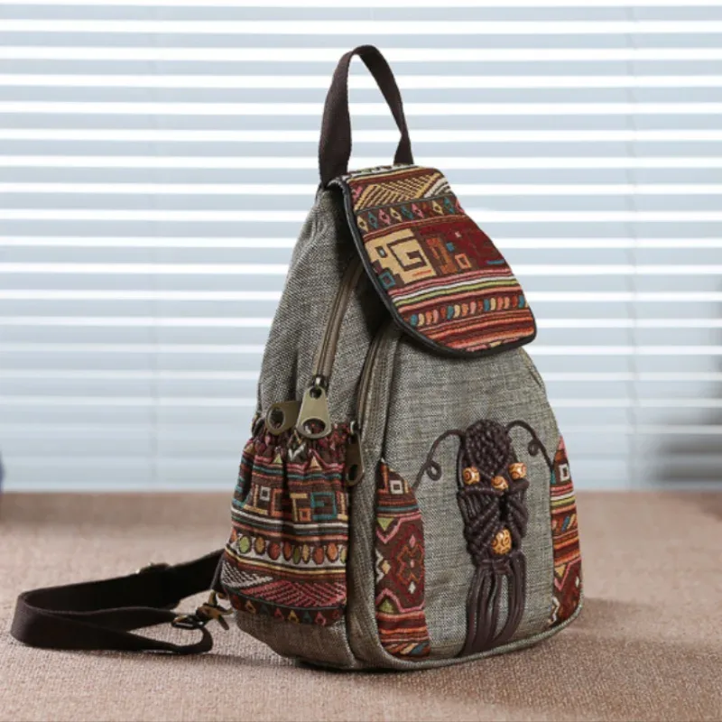 sac à dos rétro en toile brodée pour femmes, bretelles souples, sac à dos à rabat ethnique, cartable léger, sac de voyage pour filles