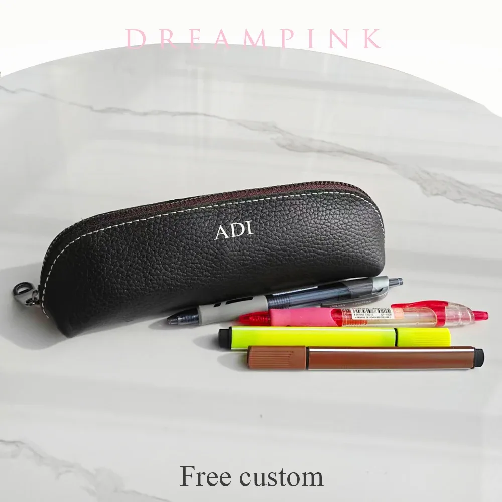 Pochette à crayons en cuir véritable personnalisable avec nom – Trousse à stylos pour étudiant, pochette de luxe en cuir de vachette pour femme, petite trousse à maquillage zippée