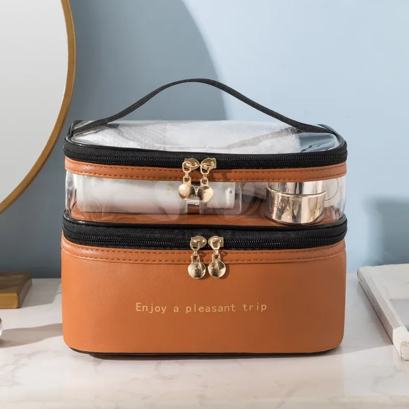 double trousse de maquillage, articles de toilette transparents en pu, portable, mode, étanche, voyage, sac de rangement de grande capacité