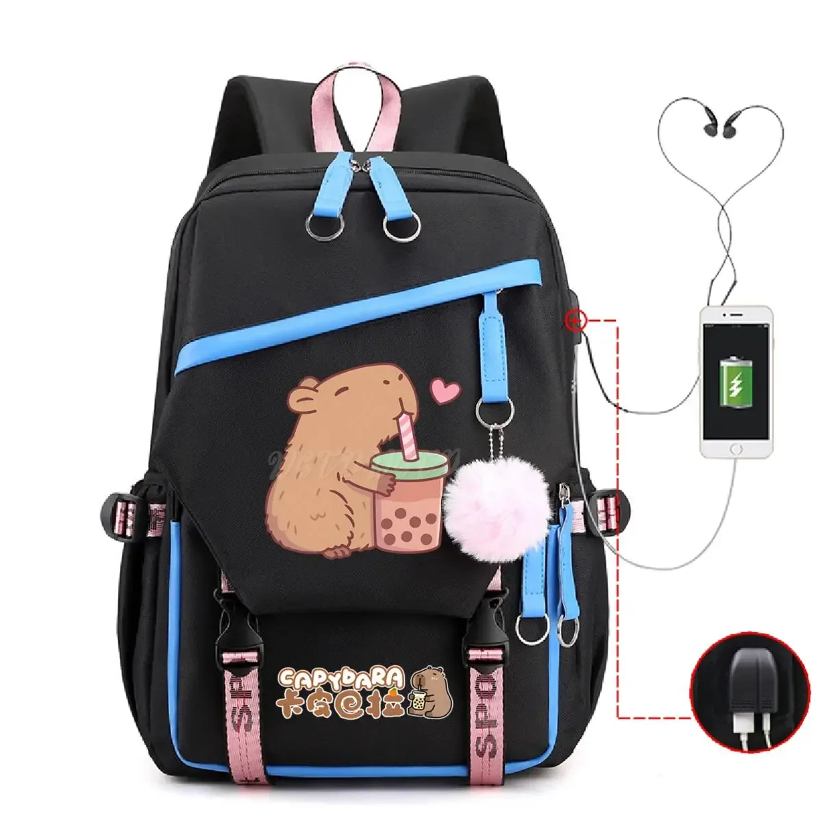 mignon capybara amoureux bulle thé sac à dos femmes filles usb sac de charge grande capacité ordinateur portable capybara sac à dos femmes sacs de voyage