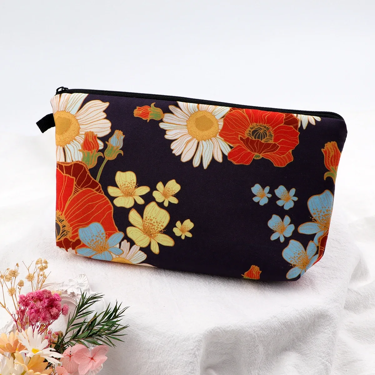 sac de maquillage à fermeture éclair série fleur pour femmes, pochette de rangement de voyage portable, sac de rouge à lèvres de voyage, trousse de maquillage, sacs pour pinceaux cosmétiques