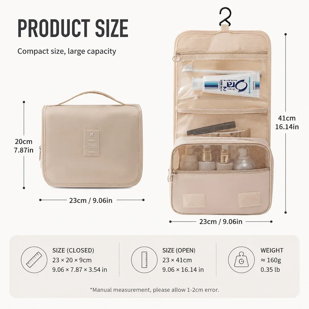 sac de toilette pliable avec crochet de voyage, sac de rangement multifonctionnel imperméable pour cosmétiques, grande capacité, sac de maquillage portable
