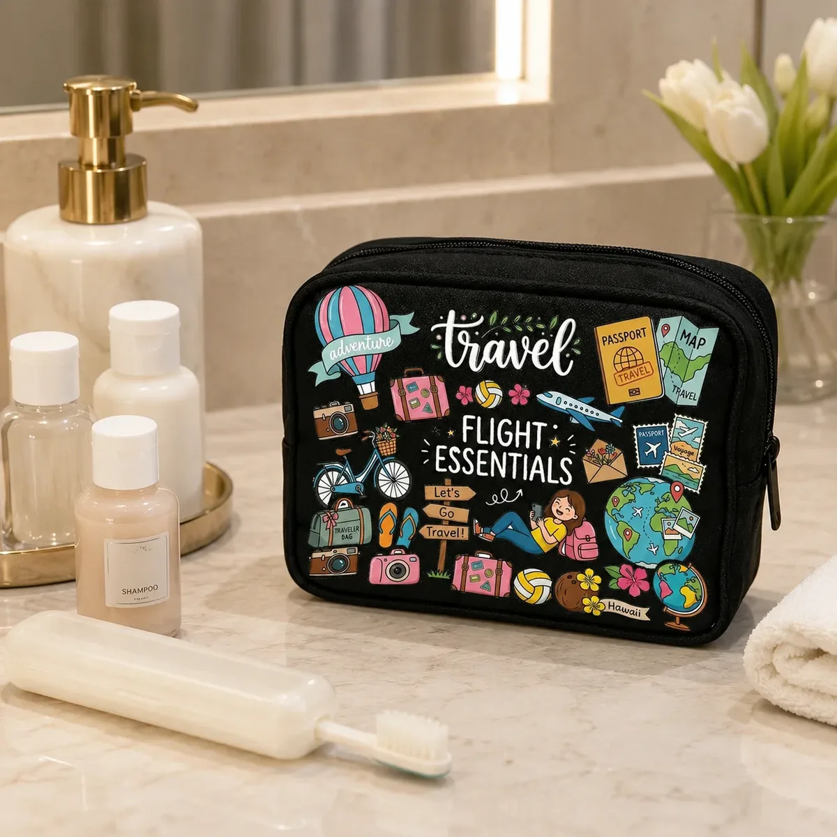 trousse de toilette de voyage pour femme, imprimé coloré flight essentials, organiseur de maquillage portable à fermeture éclair pour la plage, les vacances et les bagages