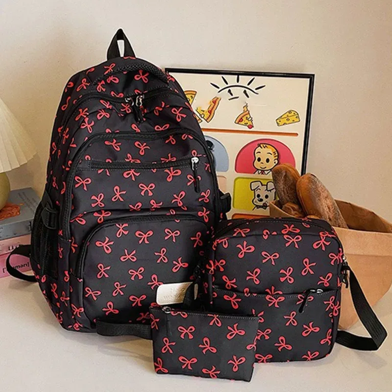 ensemble de 3 pièces de sac à dos mignon de grande capacité, mode coréenne, sac imprimé avec nœud, sacs en nylon, cartable d'étudiant, sac à dos de voyage à sangle réglable