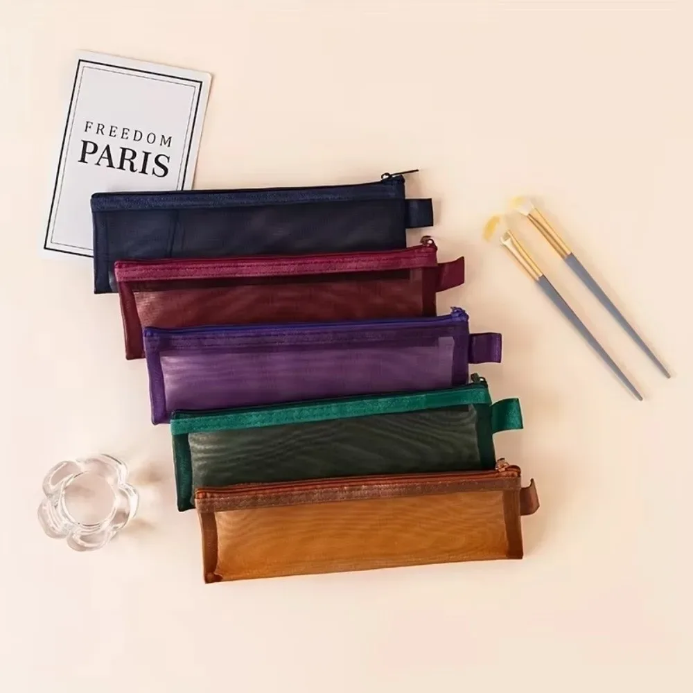 nouvelle trousse de rangement en maille pour pinceaux de maquillage, couleur unie, avec fermeture éclair, étui portable pour stylos, pochette de rangement pour stylos