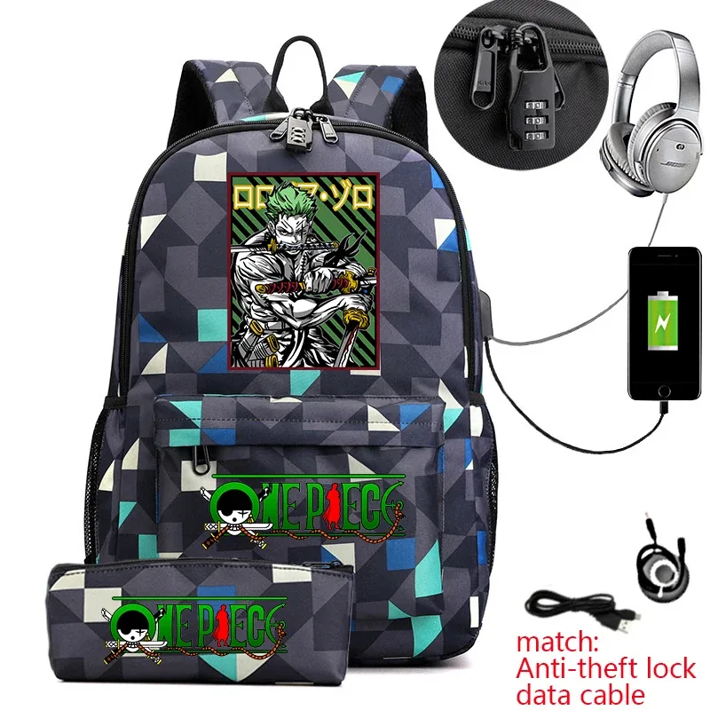 sac à dos d'école imprimé one piece zoro, antivol, pour enfants et adolescents, avec trousse à crayons