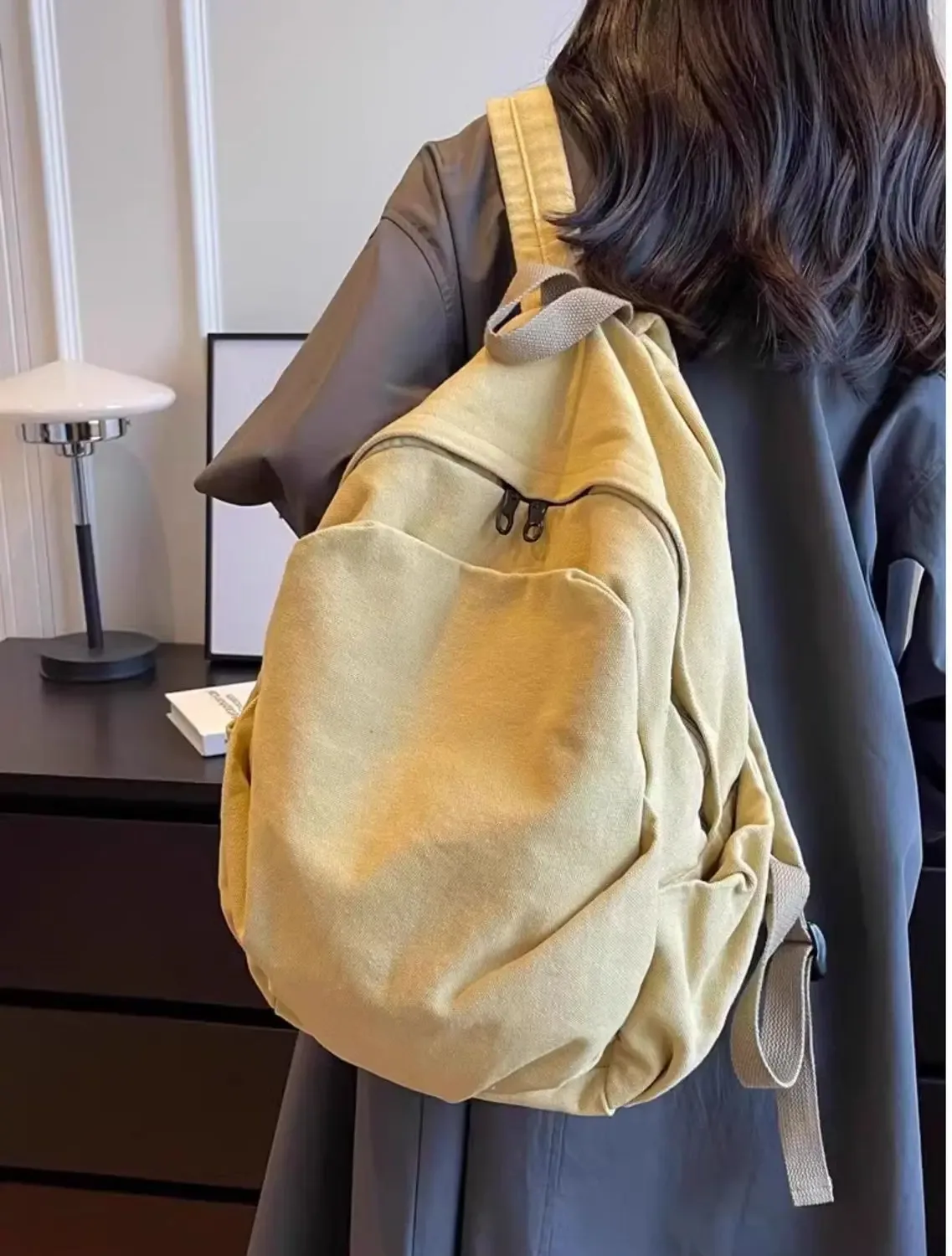 sac à dos décontracté en toile lavée grande capacité pour femme, sac à dos souple et minimaliste pour étudiants, trajets quotidiens et voyages