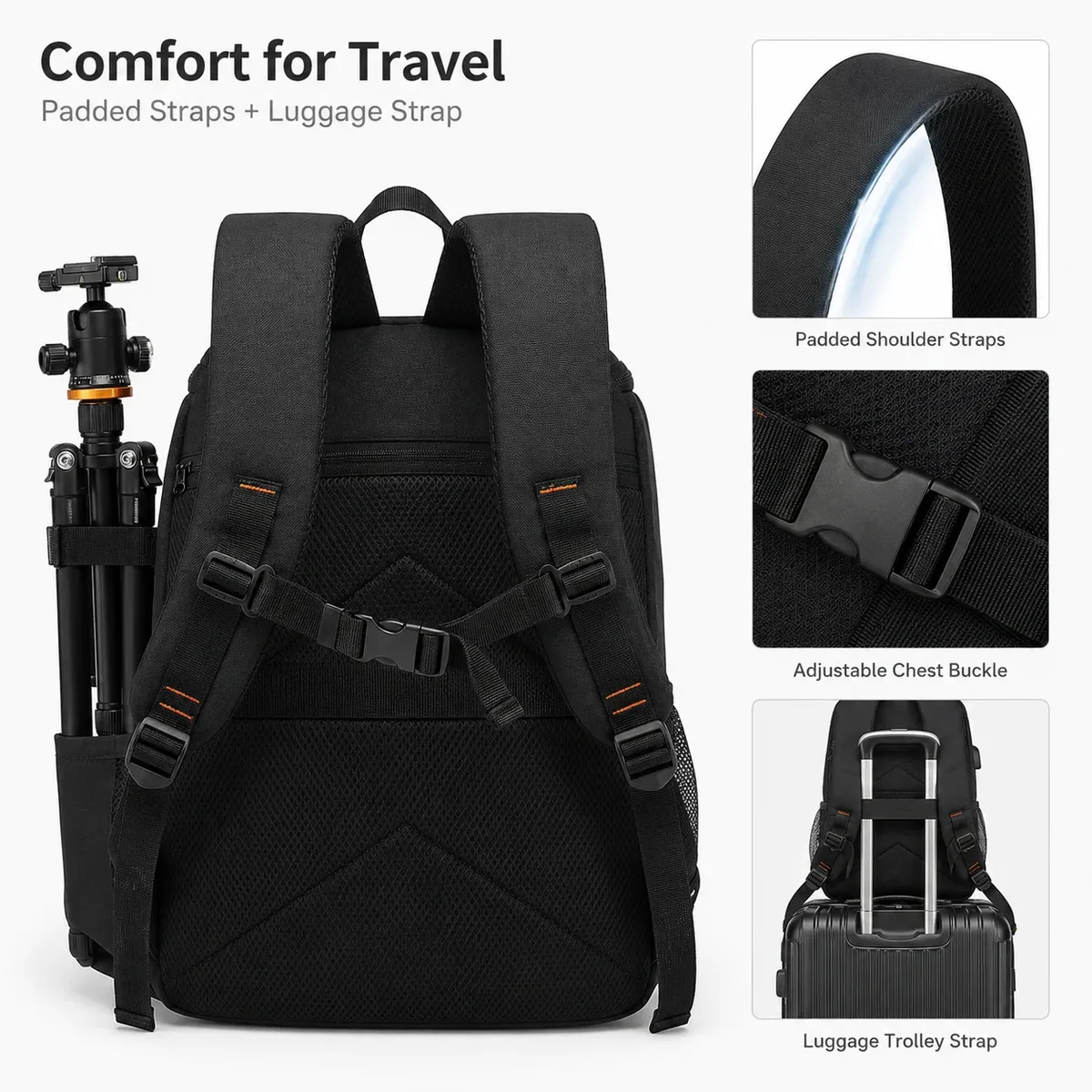 sac à dos pour appareil photo résistant à l'eau pour appareils photo reflex et hybrides avec port usb, séparateurs rembourrés, compartiment pour ordinateur portable et support pour trépied