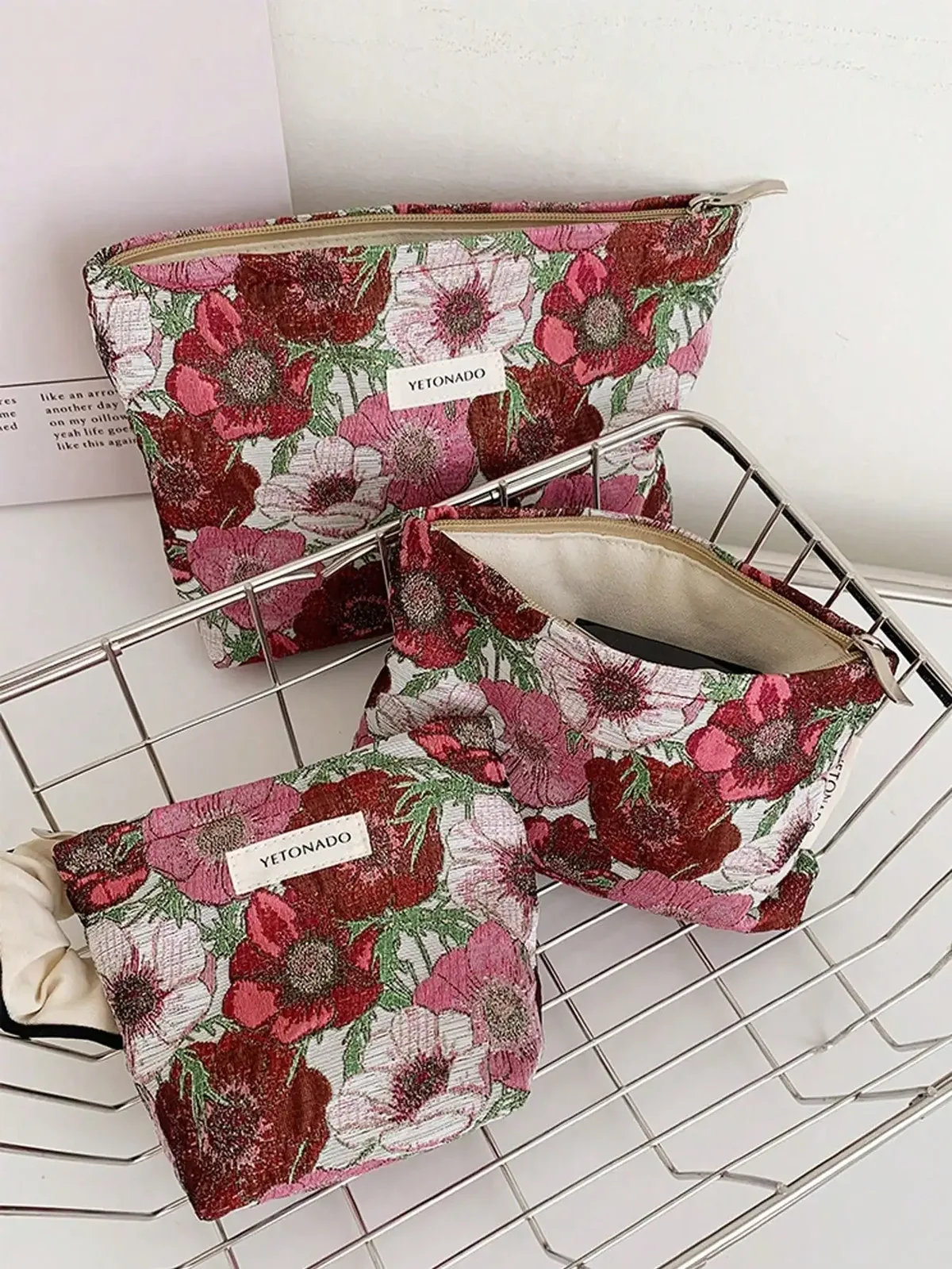 1 pièce/ensemble trousse de maquillage à fleurs rouge, blanc et rose, trousse de maquillage de rangement de voyage, trousse de toilette portable avec fermeture éclair