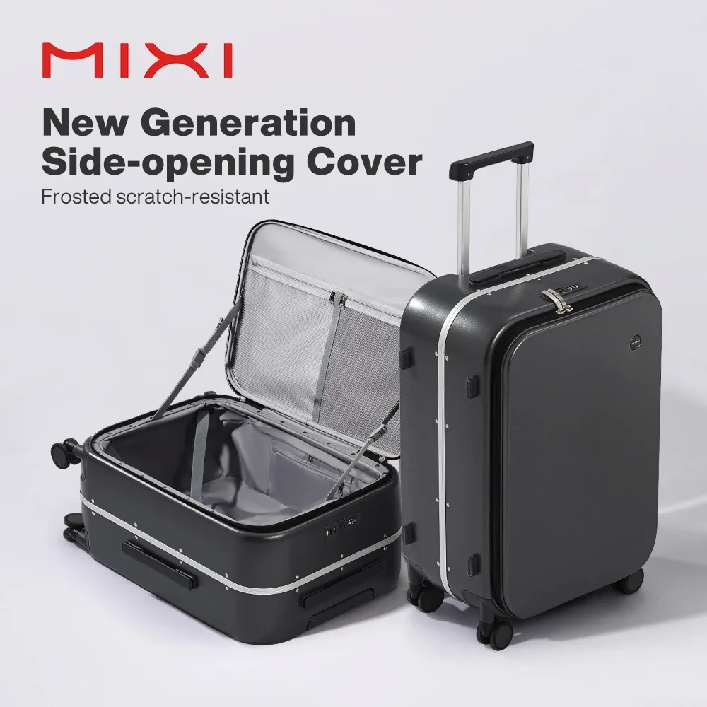 mixi nouveau pc cadre en aluminium valise ouverture avant bagage de voyage roulant 20 pouces bagage à main 24 26 pouces m9291