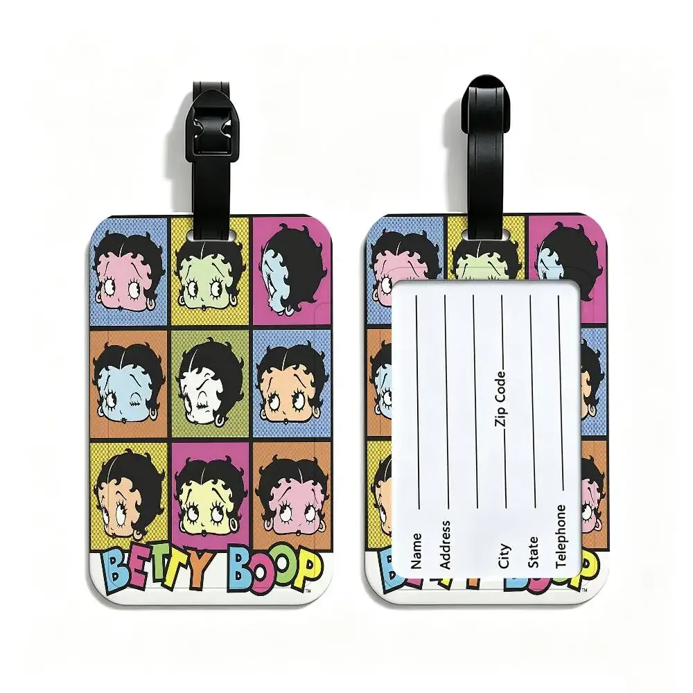 étiquette de bagage anti-perte en pvc avec motif de dessin animé b-betty b-boop, porte-carte d'identité, étiquette de nom pour voyage en plein air.