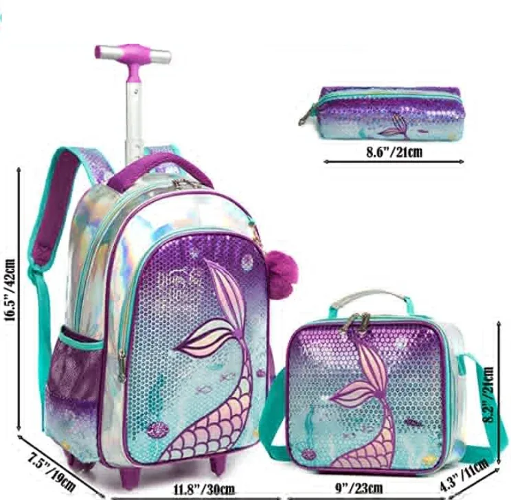 ensemble de 3 sacs à dos à roulettes pour l'école, sacs à roulettes avec roulettes pour filles et enfants, sac à roulettes pour l'école