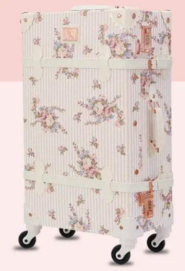 valise de cabine à imprimé floral de créateur-bagage spinner en cuir pu avec étui à cosmétiques, valise trolley rétro pour voyage pour femmes