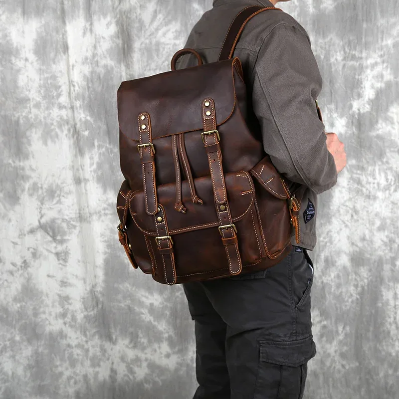sac à dos rétro en cuir de cheval fou pour hommes, avec couche supérieure en cuir de vache, sac d'école de grande capacité, sac d'ordinateur portable, nzpj