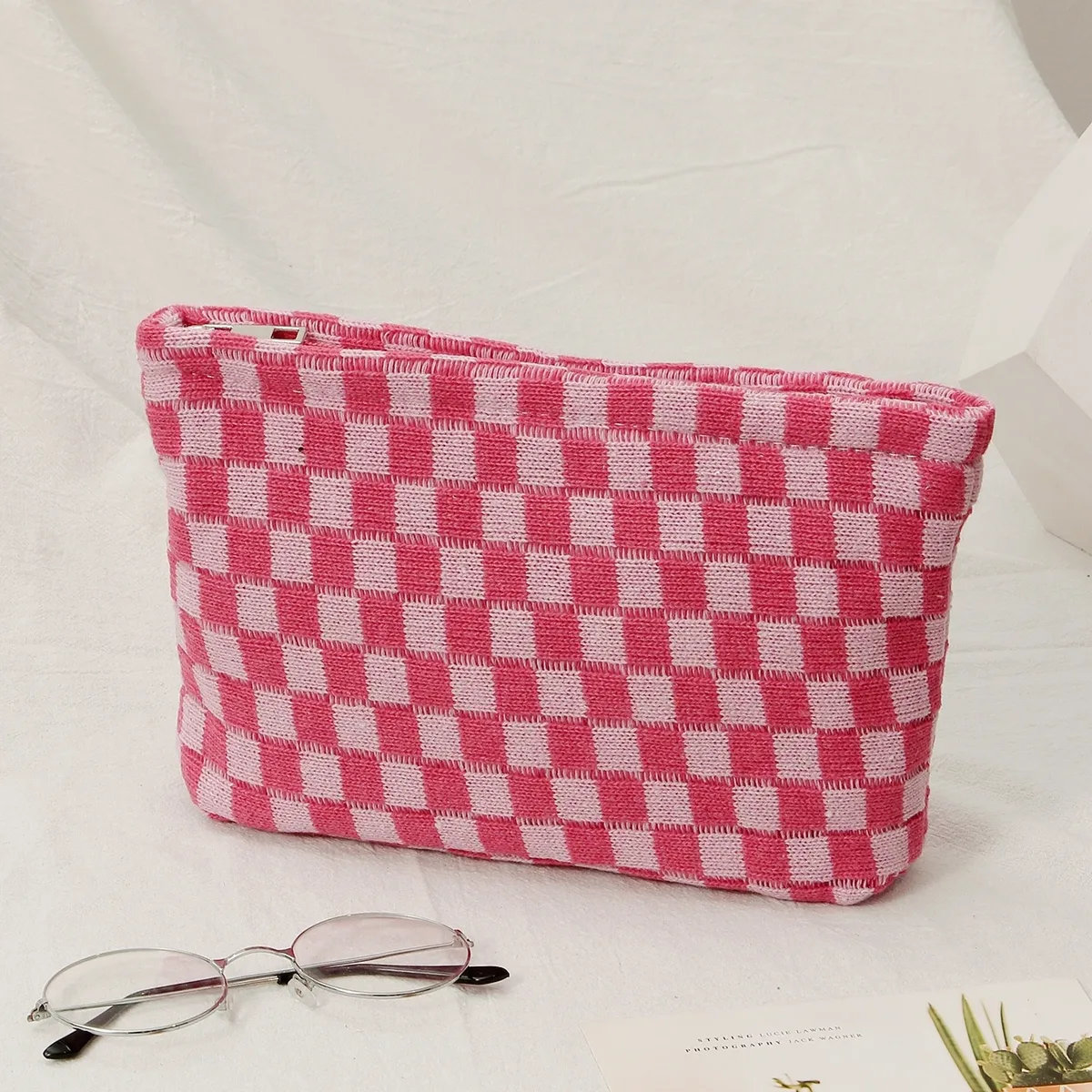 sac à cosmétiques en damier, sac de rangement de toilette tricoté, pochette de maquillage colorée, organisateur, sac à cosmétiques à motif à carreaux