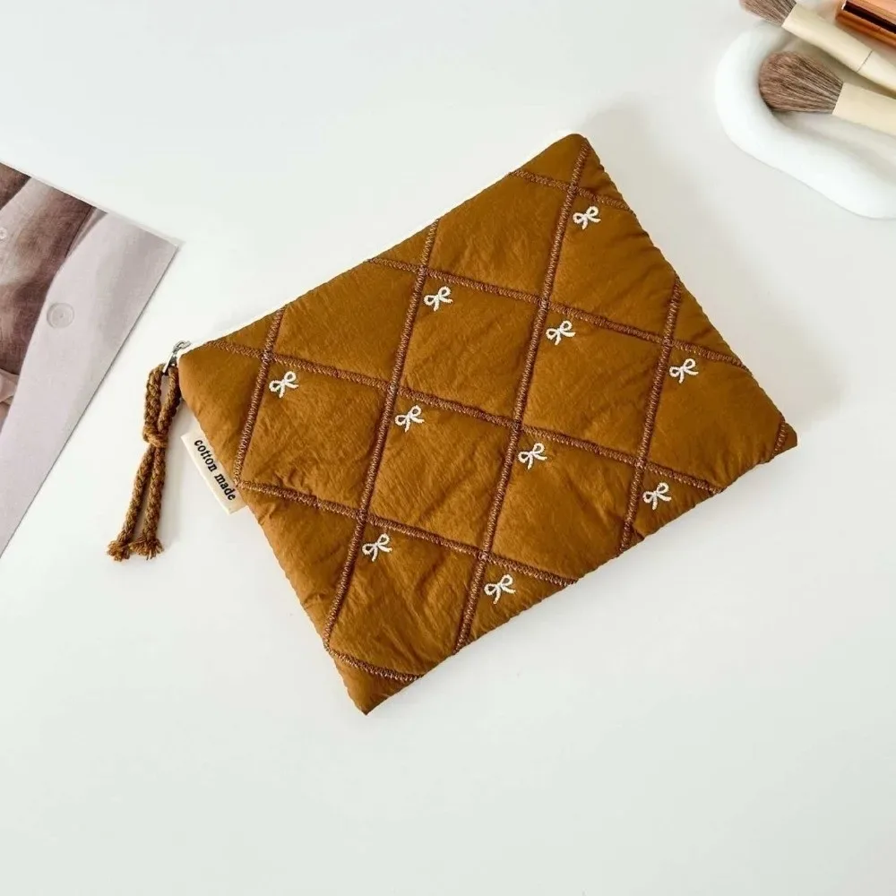 nouvelle trousse de toilette matelassée avec nœud brodé, grande capacité, sac à papeterie multifonctionnel, trousse à stylos