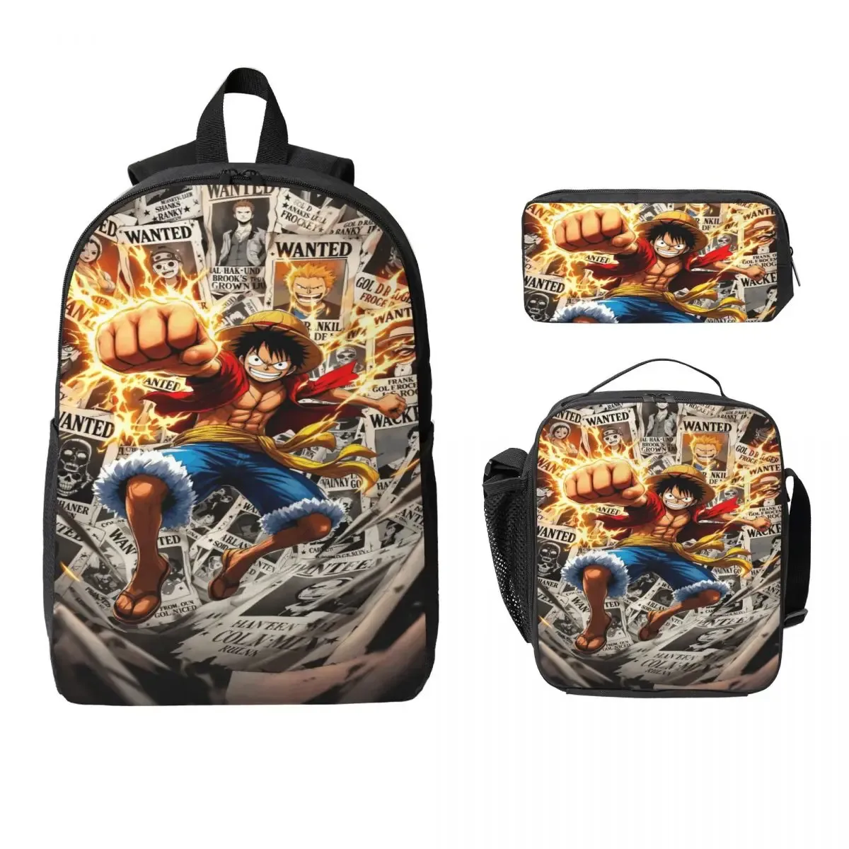 ensemble de 3 sacs à dos luffy one piece pour enfants, avec trousse à crayons, sac à livres et boîte à lunch pour les élèves.