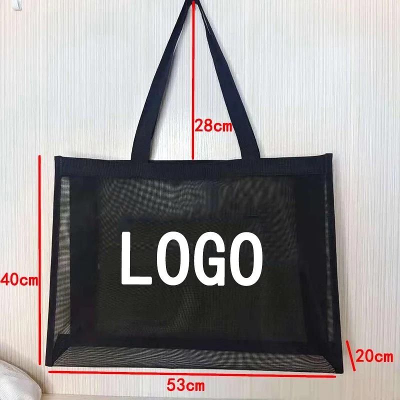 sac à provisions en maille de nylon avec logo personnalisé, sac de grande capacité, sac de voyage de plage respirant, transparent, personnalisé, initié, stockage clo