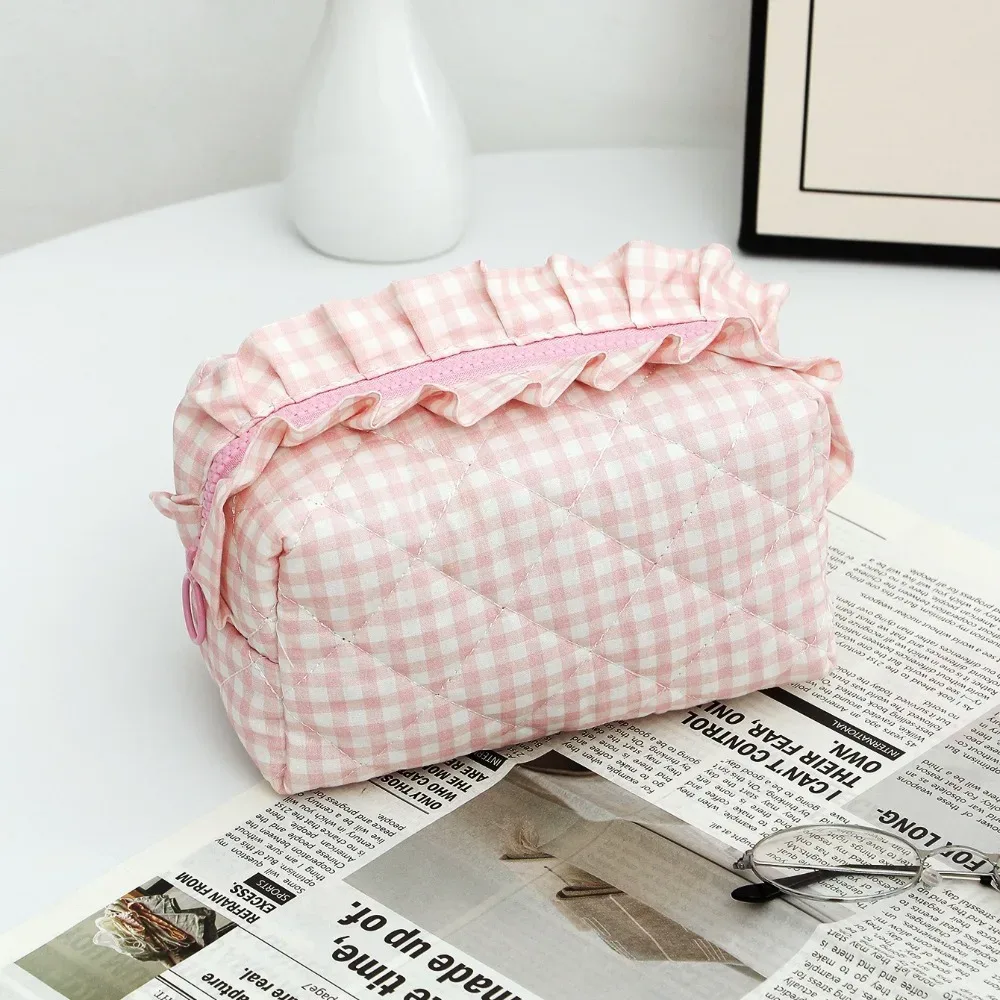 trousse de maquillage portable, design matelassé, motif à carreaux, sac de rangement pour pinceaux de maquillage, multifonctionnel avec fermeture éclair, trousse de toilette de voyage