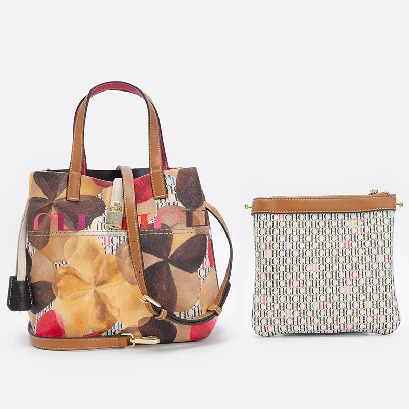 ch sac seau pour femme, ensemble de 2 pièces, sac bandoulière à imprimé floral, sac à main de luxe de créateur avec mini pochette pour usage quotidien