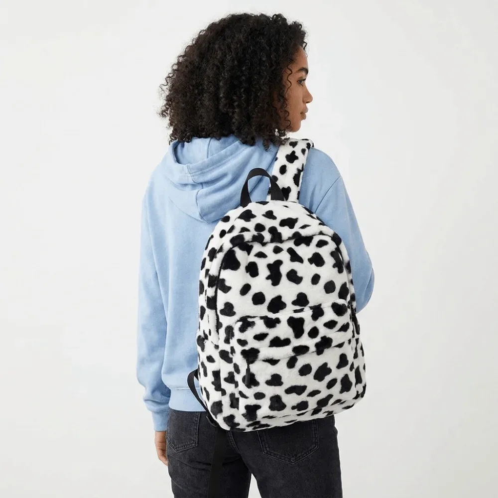 Sac à dos portable en peluche à imprimé léopard, style Harajuku Ulzzang, sac d'école pour étudiants, grande capacité, léger, sac de voyage pour étudiants.