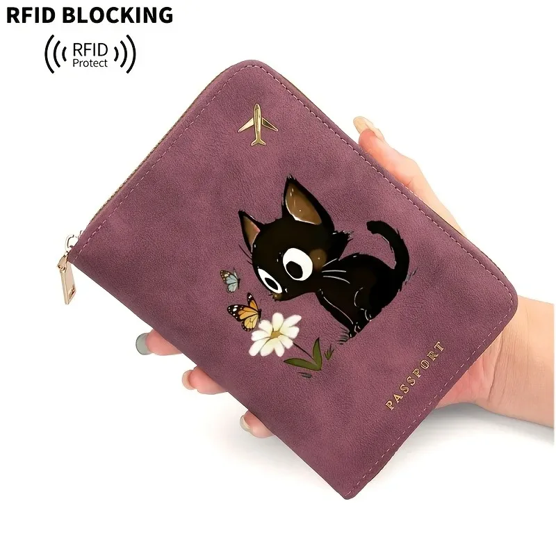 portefeuille de voyage pour femme en cuir pu avec blocage rfid, motif chat et fleurs imprimé en 2d, étui de passeport sécurisé pour documents