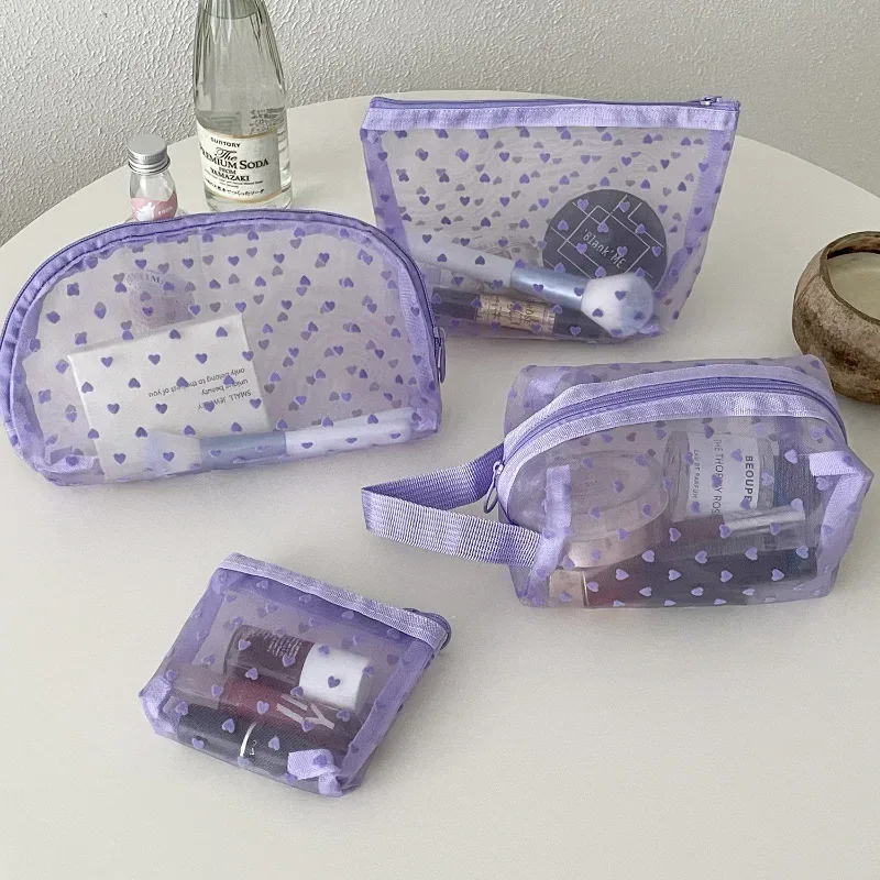 sac de rangement de cosmétiques pour femmes, support organisateur de voyage, sac à main en maille de nylon imprimé cœur violet, sac de maquillage transparent et mignon, pochette