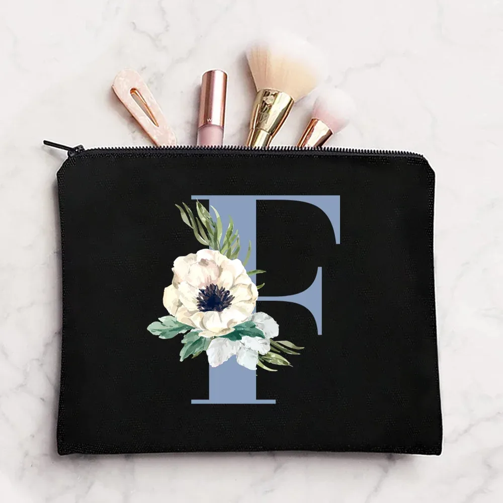sac à cosmétiques en tissu pour femmes, pochette de maquillage, sac de voyage, rouge à lèvres, étuis de rangement, pochette à fermeture éclair, porte-monnaie de téléphone, initiales bleues imprimées