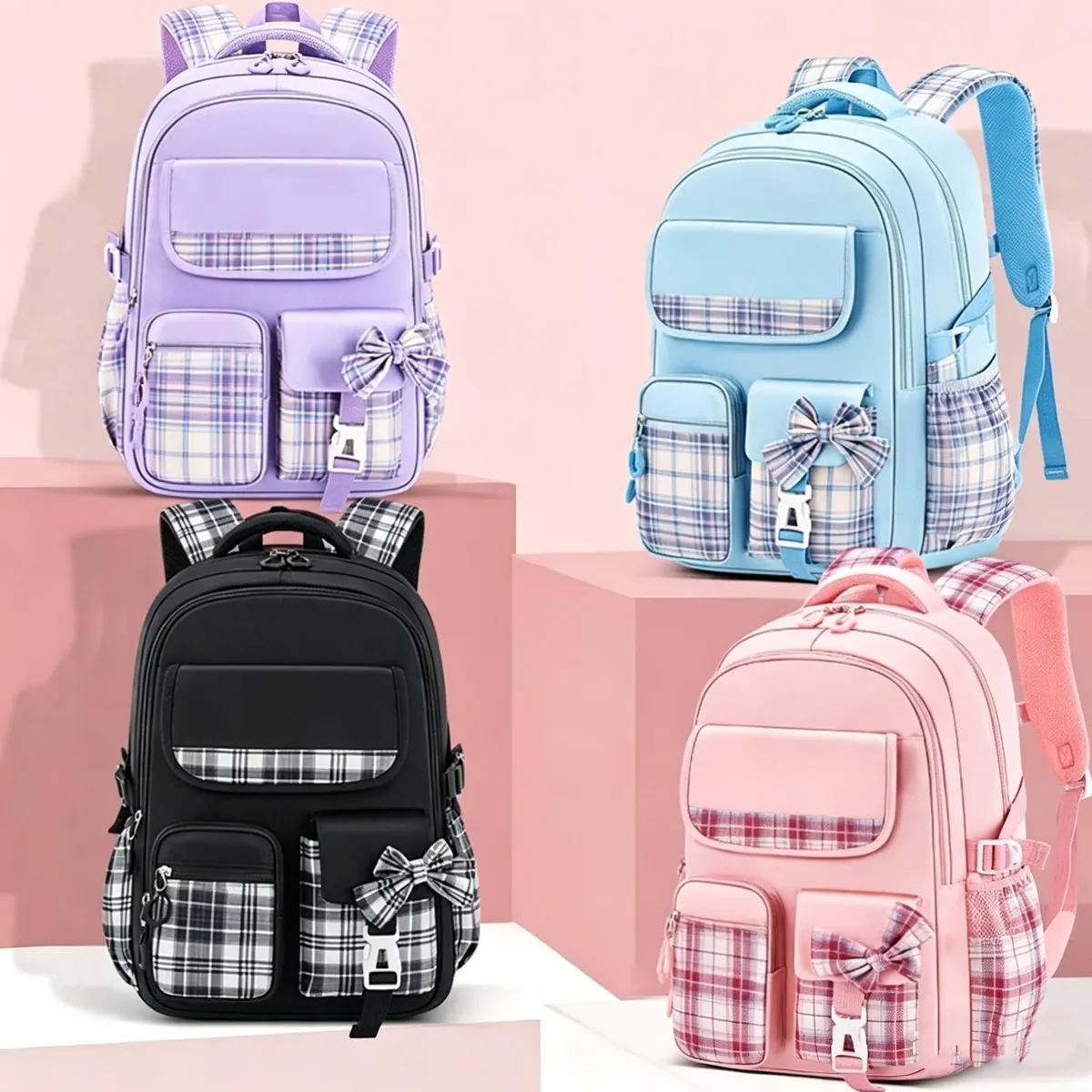 Sac à dos à carreaux pour filles d'école primaire, ergonomique, léger, imperméable, grande capacité, protection de la colonne vertébrale