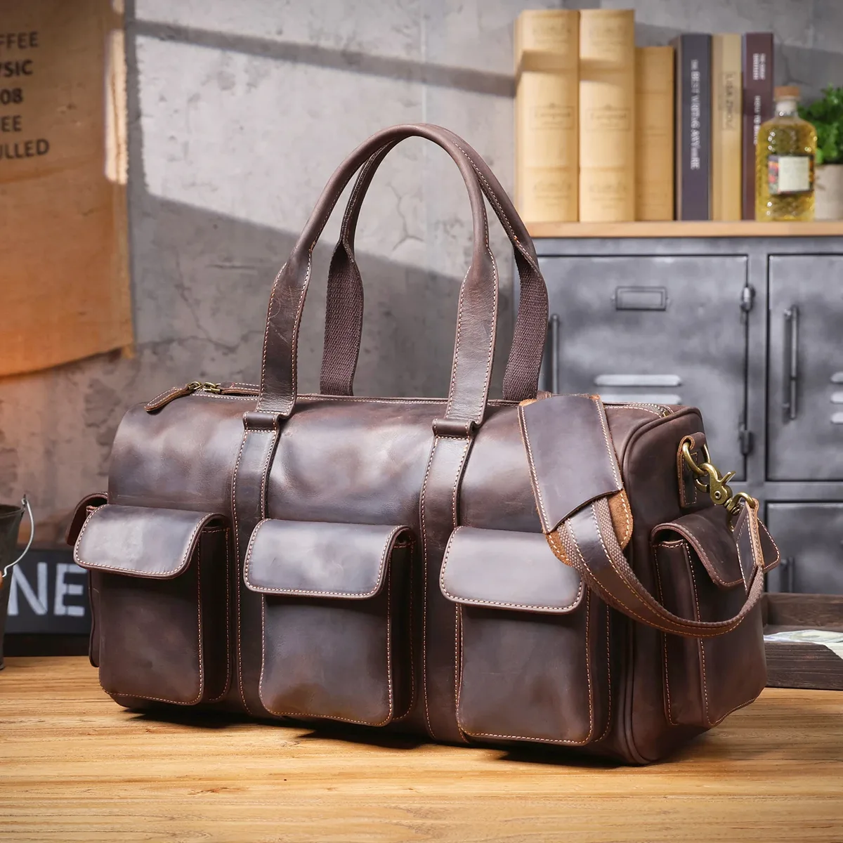 s.worker sac de voyage en cuir véritable de grande capacité, sac de week-end en cuir de vache vintage, sac de voyage pour homme, sac de sport, style rétro