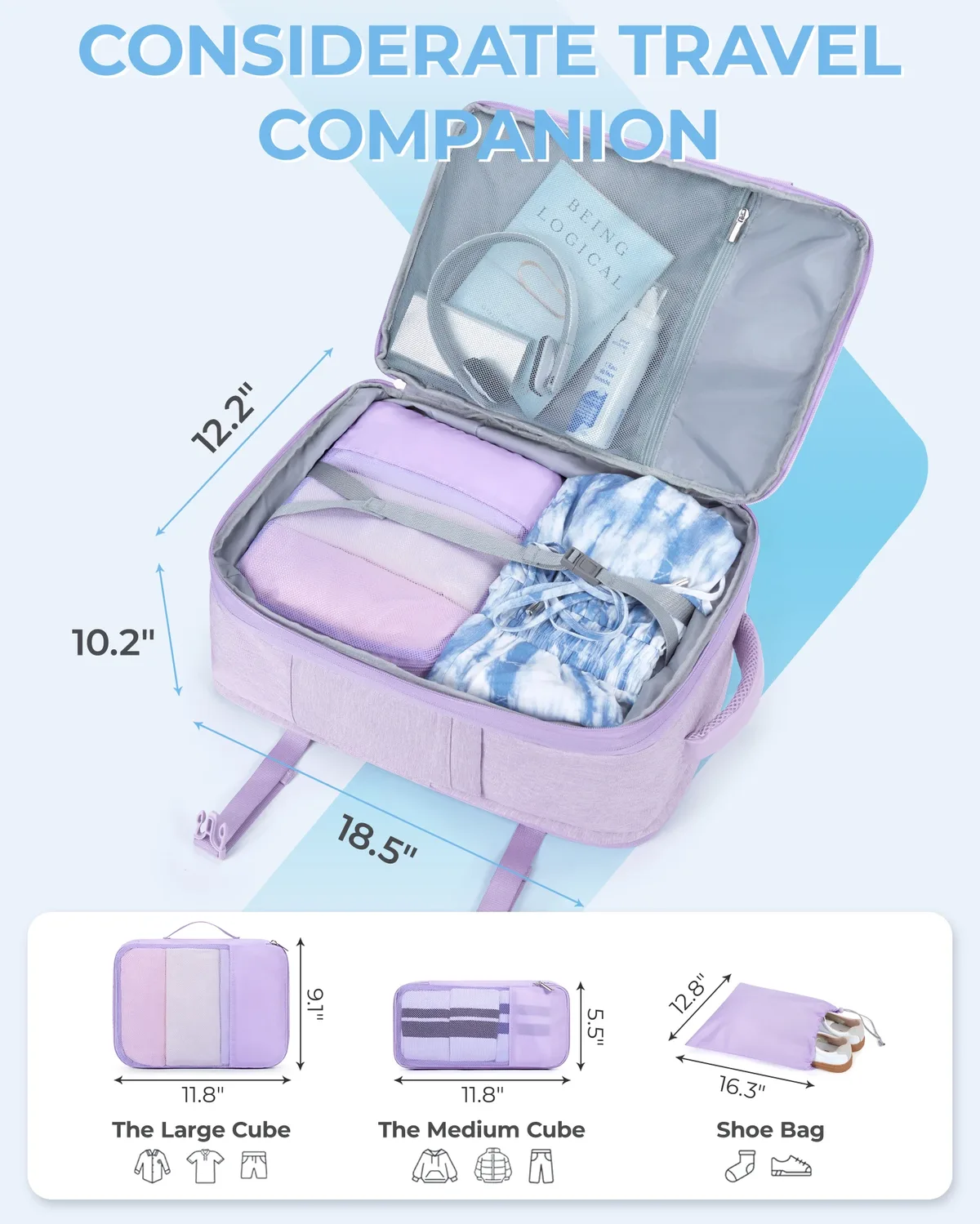bagsmart 4 pièces sac à dos de voyage cabine sac à dos avec cubes d'emballage 40l sacs à dos étanches extensibles pour les femmes