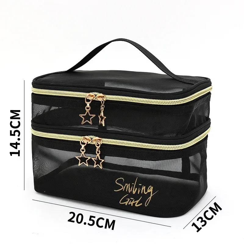 trousse de maquillage en maille noire de grande capacité pour femme, trousse de toilette décontractée à fermeture éclair, sac à cosmétiques de voyage