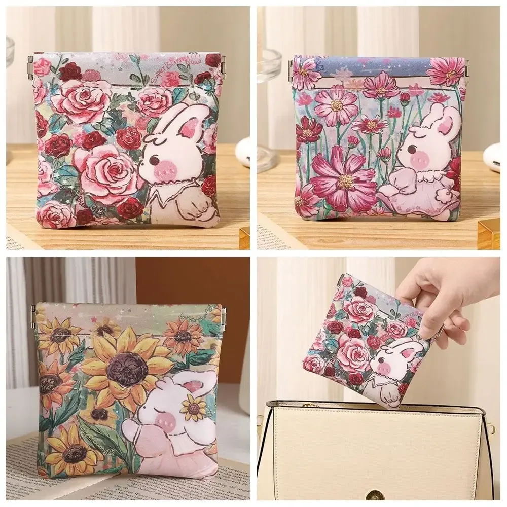 Pochette à maquillage en cuir PU, mini sac cosmétique imprimé, porte-monnaie à fermeture automatique, sac de rangement pour rouge à lèvres à fermeture automatique, motif floral, pour filles