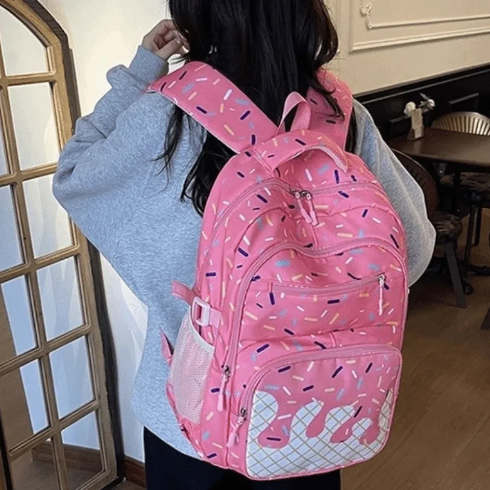 Ensemble de sacs à dos en tissu Oxford imprimé crème glacée avec trousse à crayons, sac à dos de grande capacité avec sac bandoulière et sac fourre-tout léger