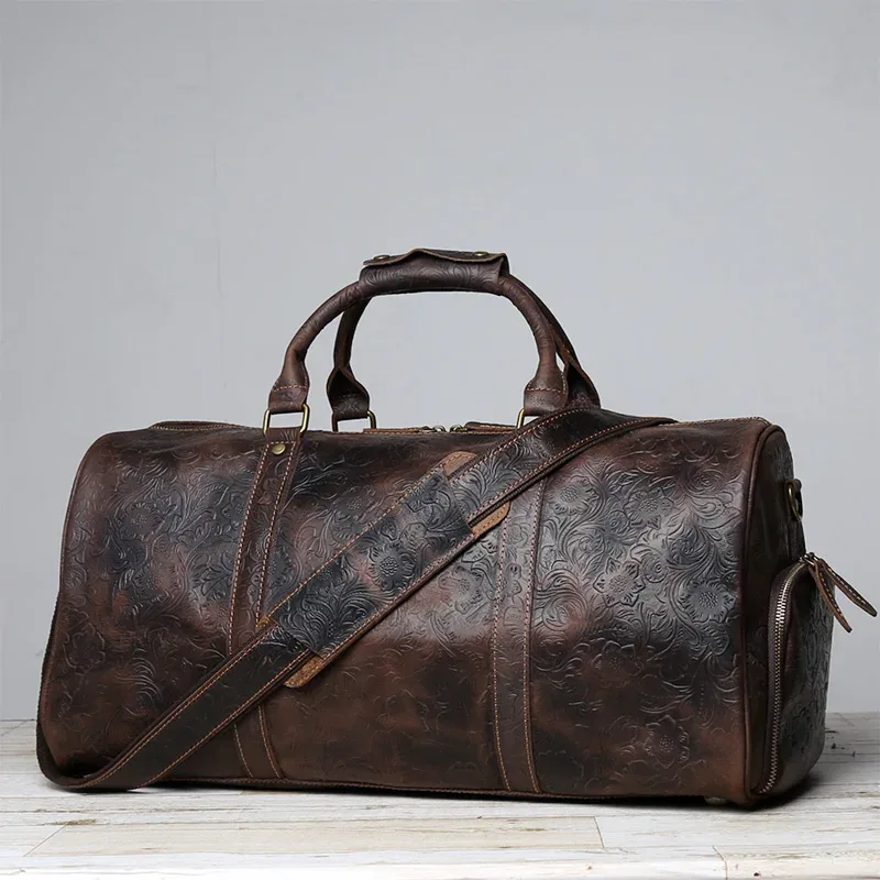 Baotou-Fourre-tout en cuir gaufré vintage, grande capacité, ceinture, compartiment à chaussures, vêtements, sac polochon, sac de sport, court voyage