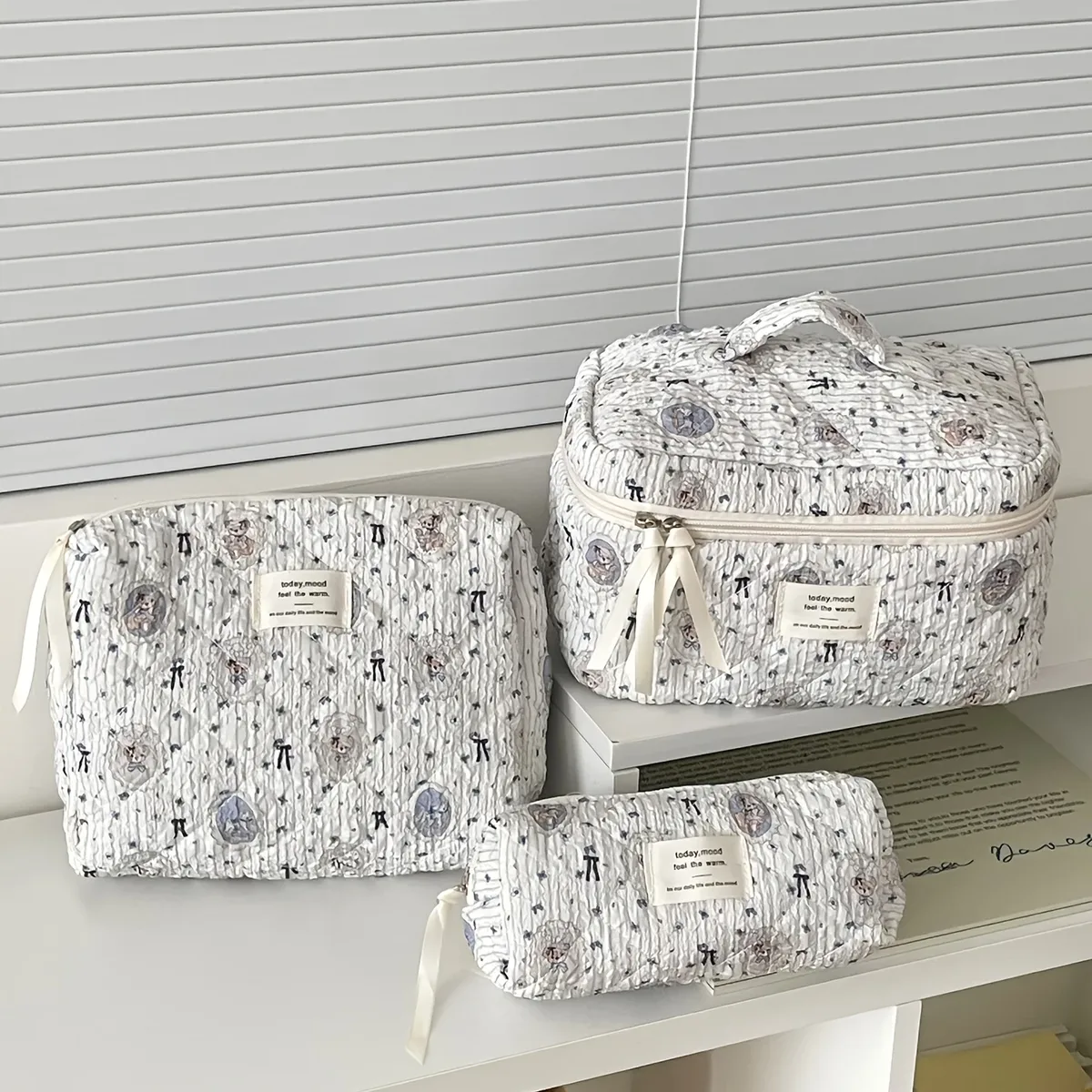 trousse de maquillage matelassurera en coton pour femme, trousse de toilette portable pour fille, sac à main à fermeture éclair pour femme, trousse cosmétique, évaluation, gril, 3 pièces